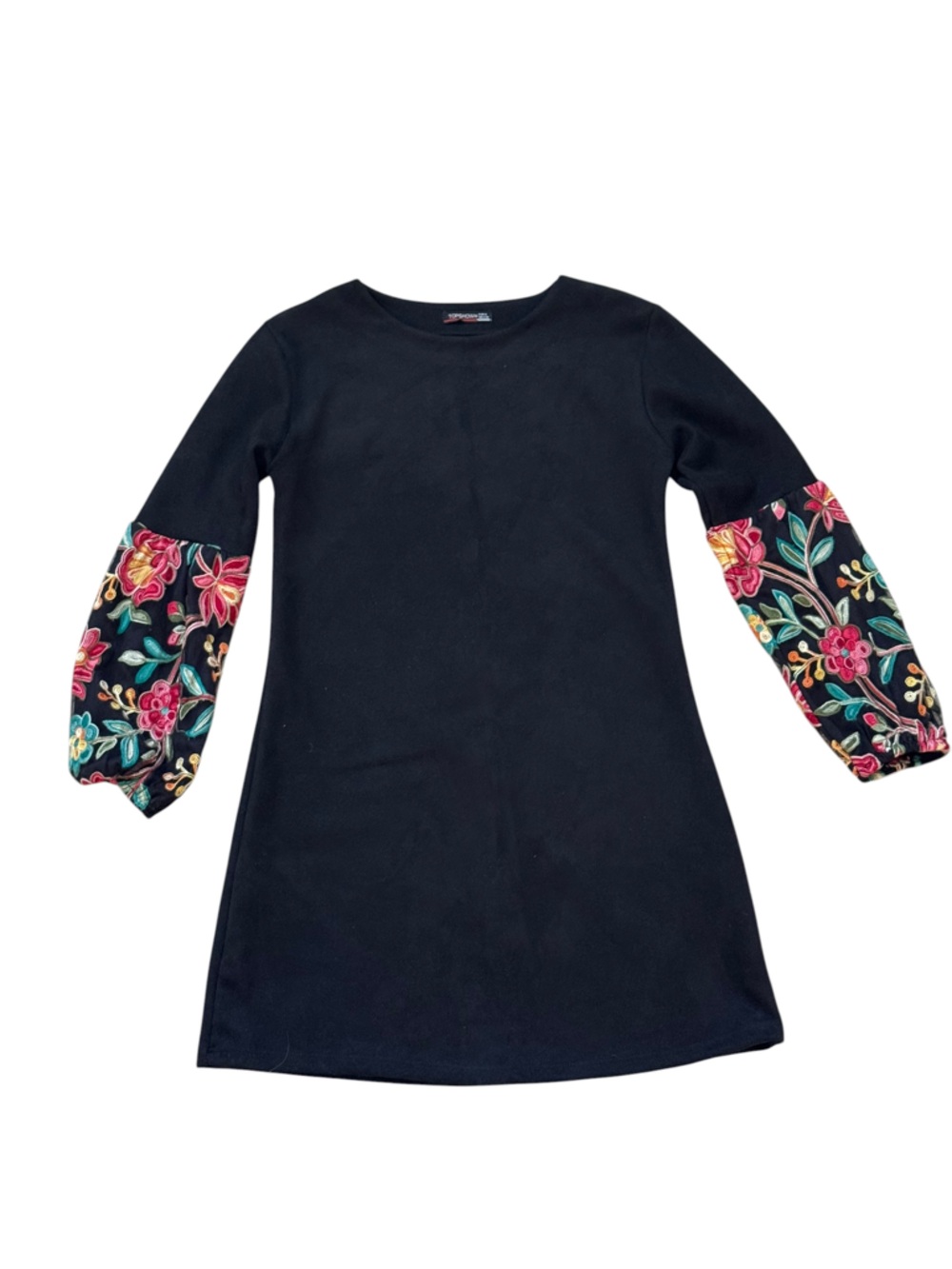 Black Crewneck Sweatshirt Dress with Floral Embroidered Sleeves
